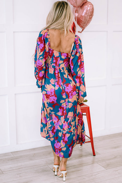 Bold Floral Print Square Neck Balloon Sleeve Midi Dress