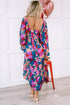 Bold Floral Print Square Neck Balloon Sleeve Midi Dress
