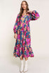 Bold Floral Print Square Neck Balloon Sleeve Midi Dress