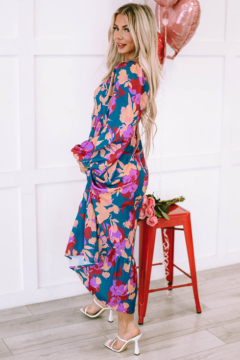 Bold Floral Print Square Neck Balloon Sleeve Midi Dress