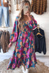 Bold Floral Print Square Neck Balloon Sleeve Midi Dress