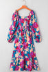 Bold Floral Print Square Neck Balloon Sleeve Midi Dress