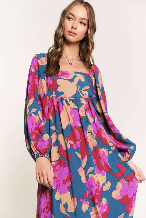Bold Floral Print Square Neck Balloon Sleeve Midi Dress