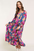 Bold Floral Print Square Neck Balloon Sleeve Midi Dress