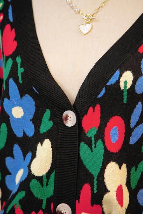 Bold Floral Print V Neck Knit Cardigan