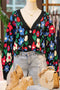 Bold Floral Print V Neck Knit Cardigan