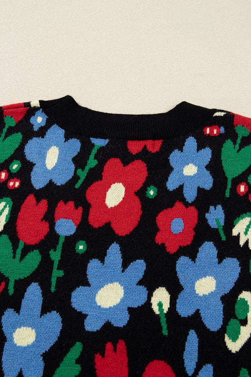 Bold Floral Print V Neck Knit Cardigan