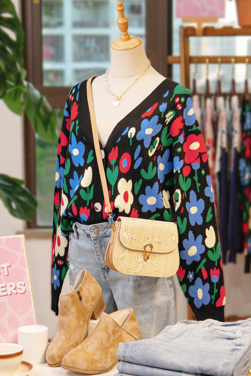 Bold Floral Print V Neck Knit Cardigan