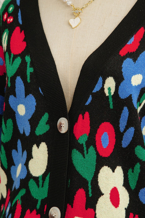 Bold Floral Print V Neck Knit Cardigan