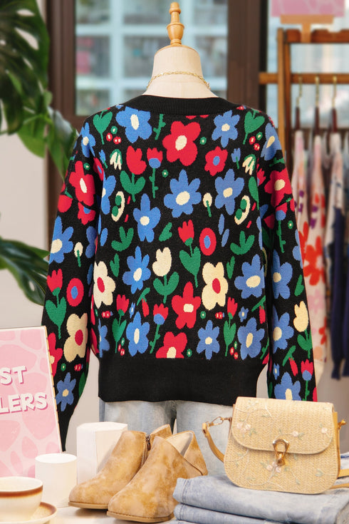 Bold Floral Print V Neck Knit Cardigan