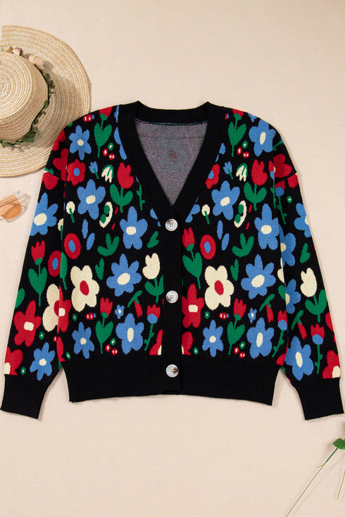 Bold Floral Print V Neck Knit Cardigan