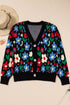 Bold Floral Print V Neck Knit Cardigan