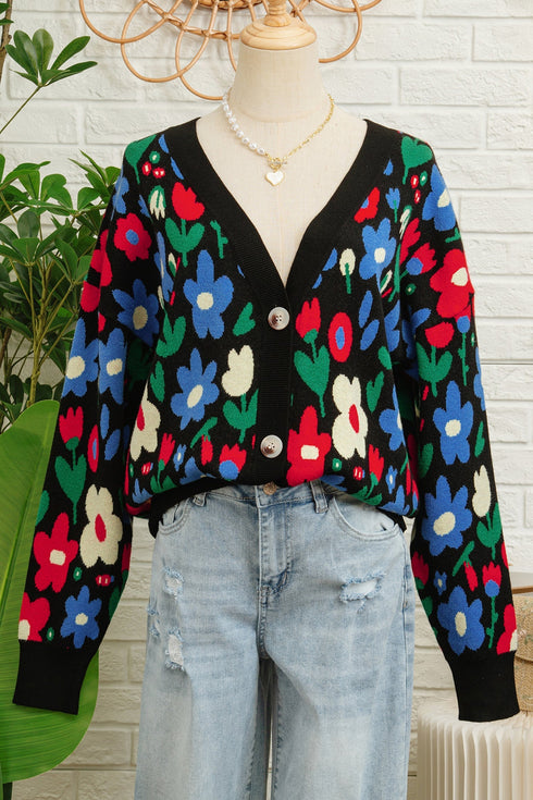 Bold Floral Print V Neck Knit Cardigan