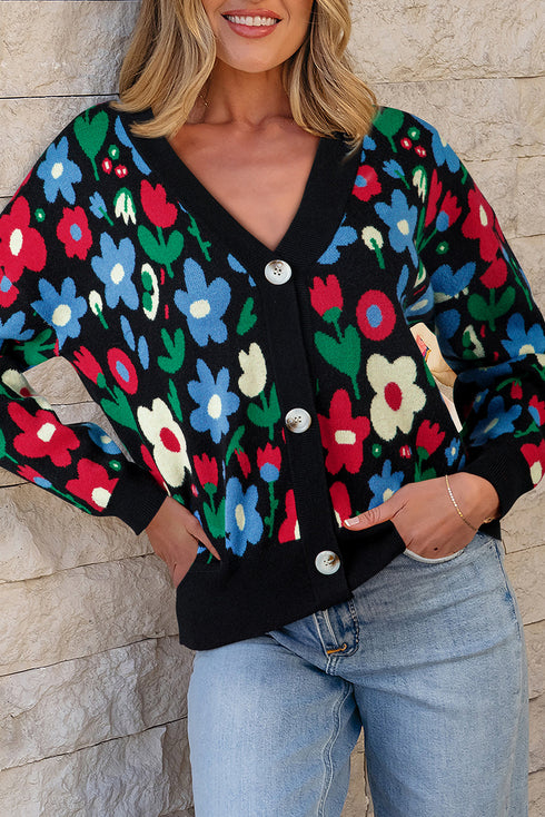 Bold Floral Print V Neck Knit Cardigan