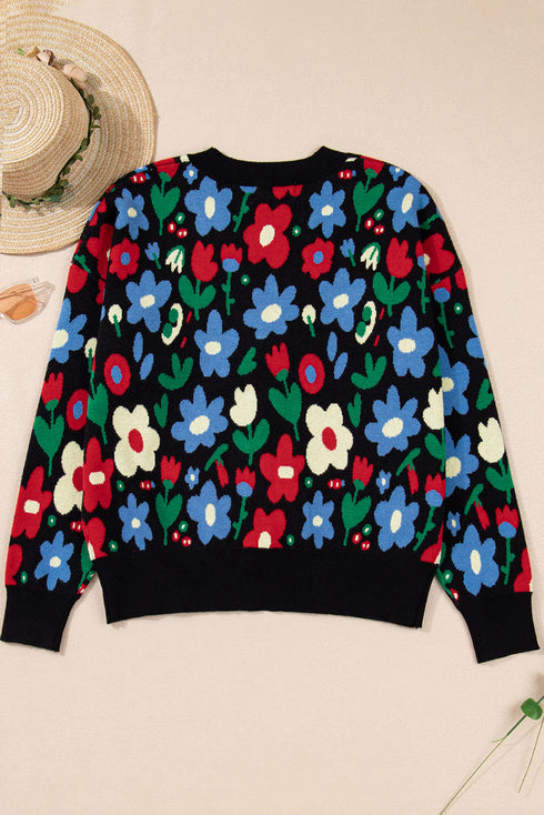Bold Floral Print V Neck Knit Cardigan