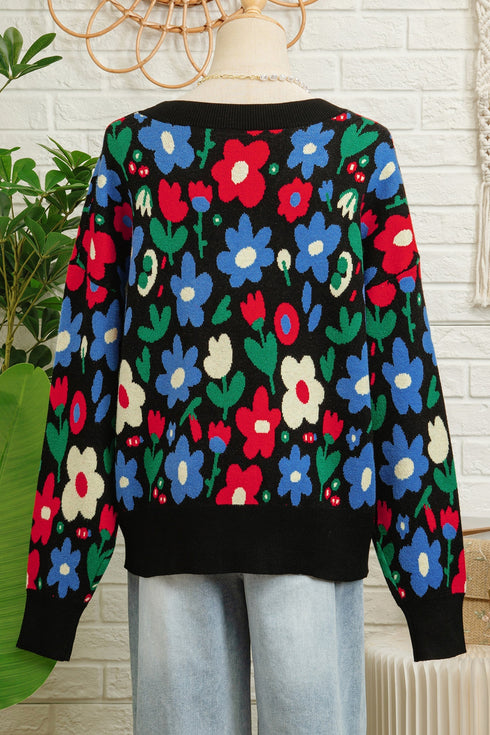 Bold Floral Print V Neck Knit Cardigan