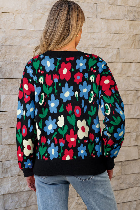 Bold Floral Print V Neck Knit Cardigan