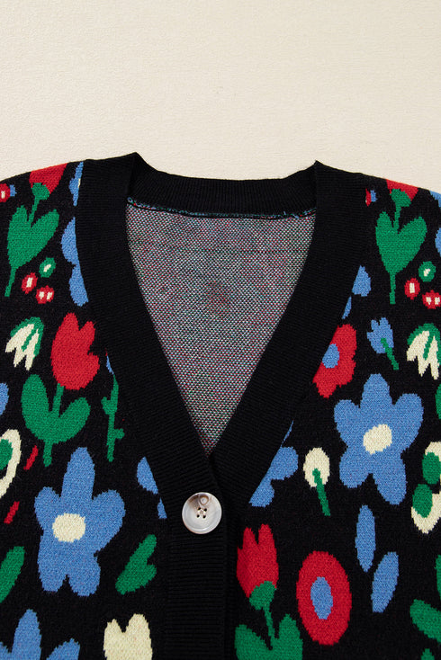 Bold Floral Print V Neck Knit Cardigan