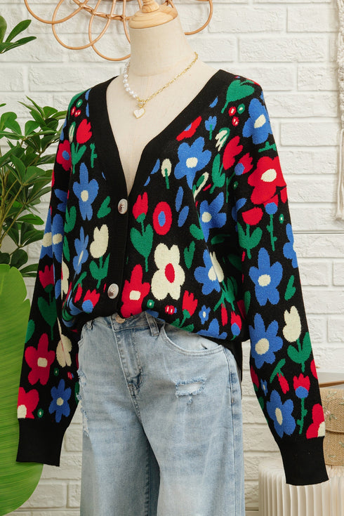 Bold Floral Print V Neck Knit Cardigan