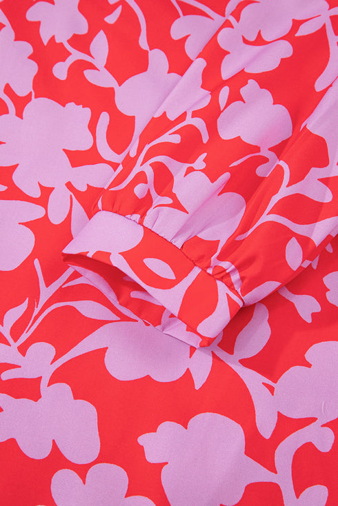 Bold Floral Silhouette Print Ruffle Collar Drop Waist Mini Dress