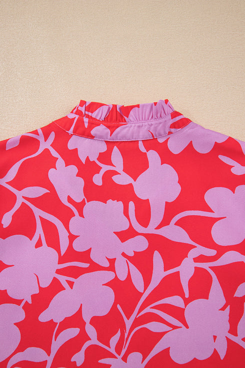 Bold Floral Silhouette Print Ruffle Collar Drop Waist Mini Dress