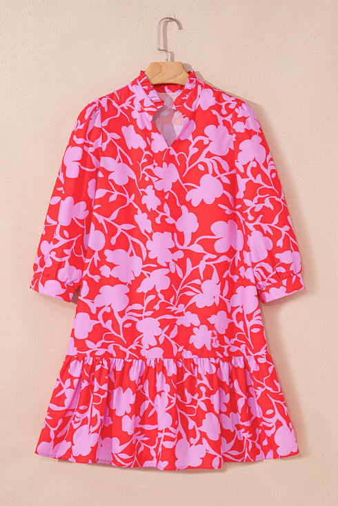 Bold Floral Silhouette Print Ruffle Collar Drop Waist Mini Dress