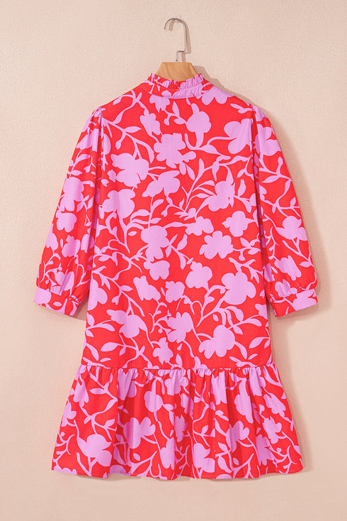 Bold Floral Silhouette Print Ruffle Collar Drop Waist Mini Dress