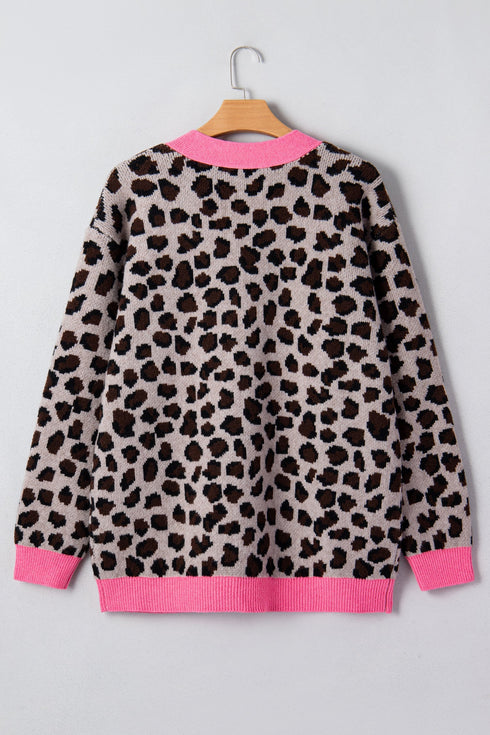 Bold Trim Animal Print Button Front Knit Cardigan