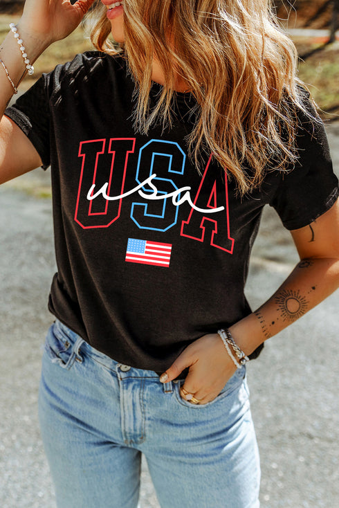 Bold USA Flag Letter Graphic Casual Tee