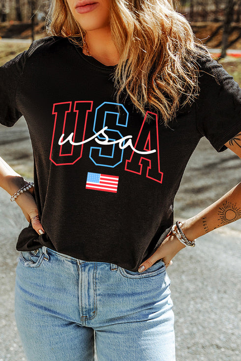 Bold USA Flag Letter Graphic Casual Tee