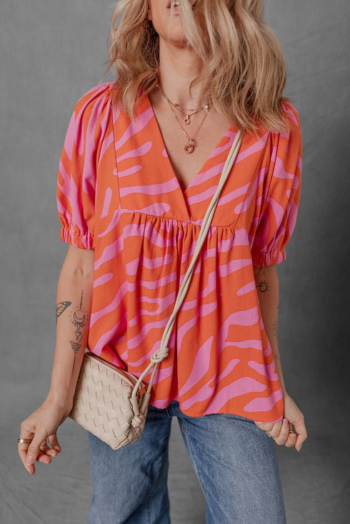 Bold Zebra Stripe Puff Sleeve Loose Fit V Neck Cotton Blouse
