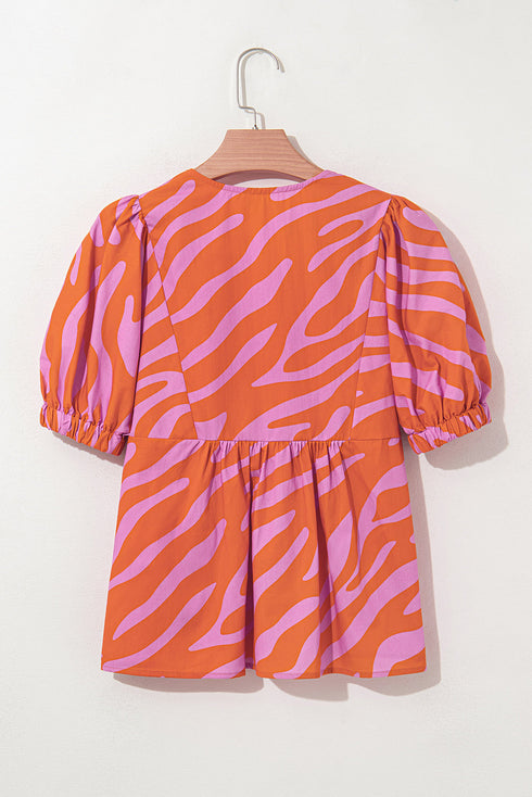Bold Zebra Stripe Puff Sleeve Loose Fit V Neck Cotton Blouse