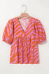 Bold Zebra Stripe Puff Sleeve Loose Fit V Neck Cotton Blouse