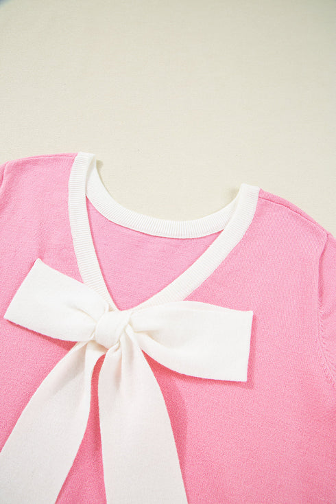 Bonbon Colorblock Bow V-Shape Cut Back Short Sleeve Sweater
