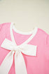 Bonbon Colorblock Bow V-Shape Cut Back Short Sleeve Sweater