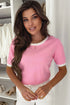 Bonbon Colorblock Bow V-Shape Cut Back Short Sleeve Sweater