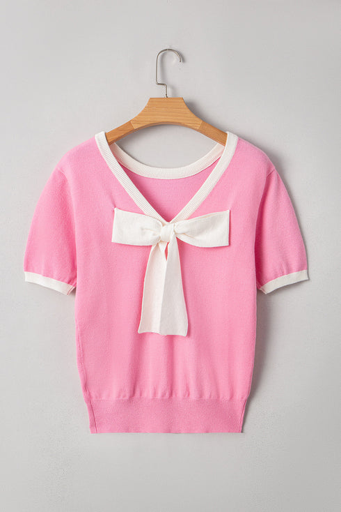 Bonbon Colorblock Bow V-Shape Cut Back Short Sleeve Sweater