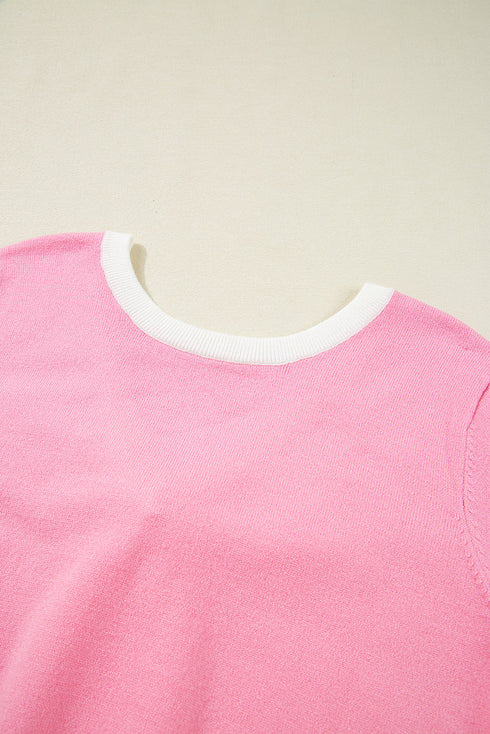 Bonbon Colorblock Bow V-Shape Cut Back Short Sleeve Sweater