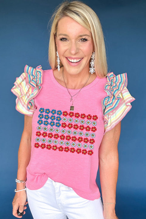 Bonbon Flower Graphic Striped Ruffled Short Sleeve Ribbed Knit Top