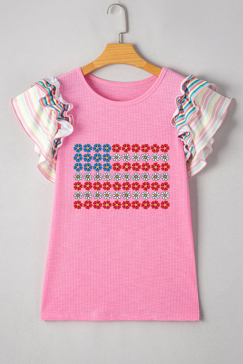 Bonbon Flower Graphic Striped Ruffled Short Sleeve Ribbed Knit Top