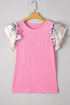 Bonbon Striped Ruffle Flutter Sleeve Ribbed Blouse