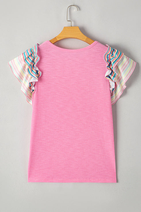 Bonbon Striped Ruffle Flutter Sleeve Ribbed Blouse