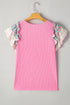 Bonbon Striped Ruffle Flutter Sleeve Ribbed Blouse