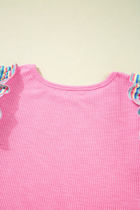 Bonbon Striped Ruffle Flutter Sleeve Ribbed Blouse
