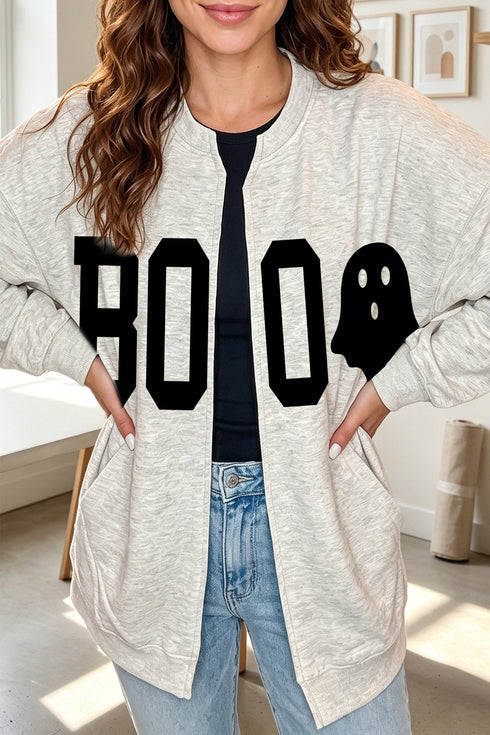 Boo Ghost Print Open Front Graphic Sweatshirt