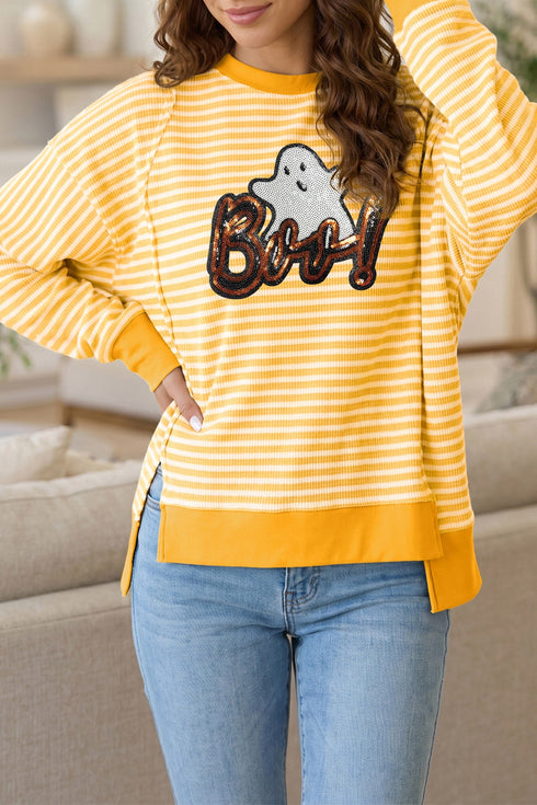 Boo Sequin Ghost Stripe Split Hem Long Sleeve Tee