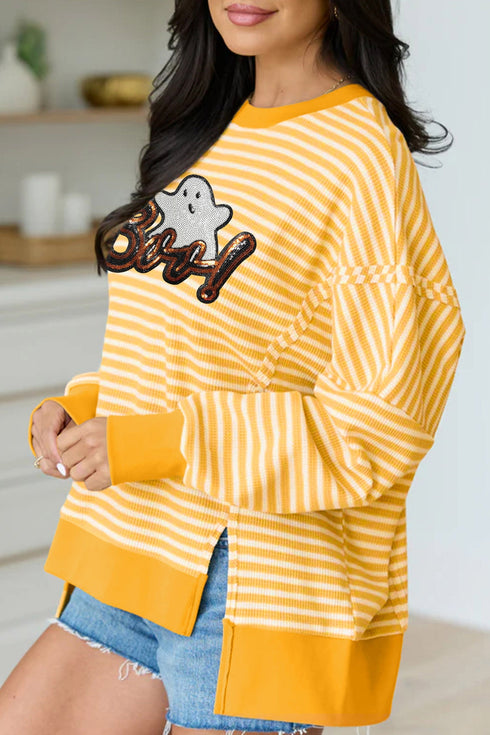 Boo Sequin Ghost Stripe Split Hem Long Sleeve Tee