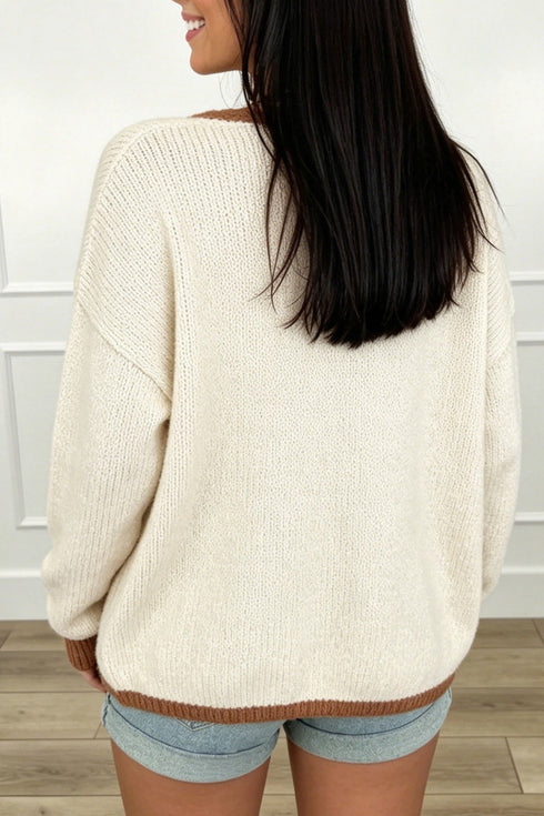 Border Trim Tie Front V Neck Loose Sweater Cardigan
