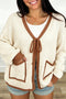 Border Trim Tie Front V Neck Loose Sweater Cardigan