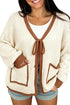 Border Trim Tie Front V Neck Loose Sweater Cardigan
